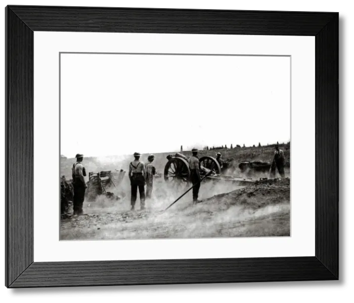 Framed Print : Six-inch British howitzer in action, Western Front, WW1 Framed Print : Six-inch British howitzer in action, Western Front, WW1