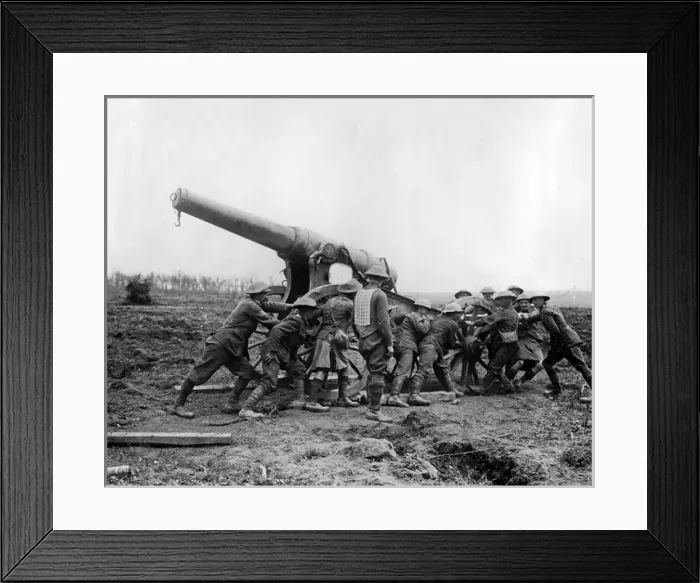Framed Print : British soldiers taking captured German gun, WW1 Framed Print : British soldiers taking captured German gun, WW1