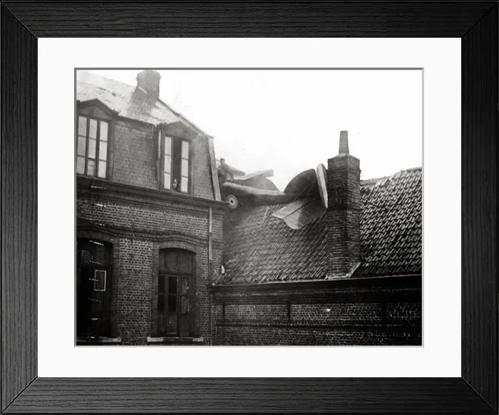 Framed Print : Aeroplane which landed on a house, France, WW1 Framed Print : Aeroplane which landed on a house, France, WW1