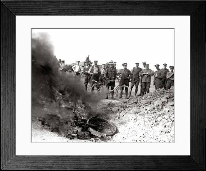 Framed Print : Despatch riders bike on fire, Western Front, WW1 Framed Print : Despatch riders bike on fire, Western Front, WW1