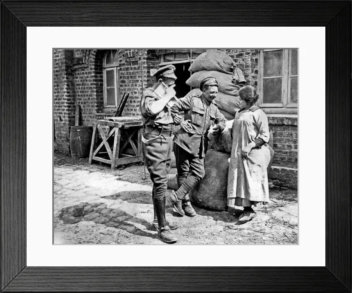 Framed Print : Two British soldiers chat with millers daughter, WW1 Framed Print : Two British soldiers chat with millers daughter, WW1