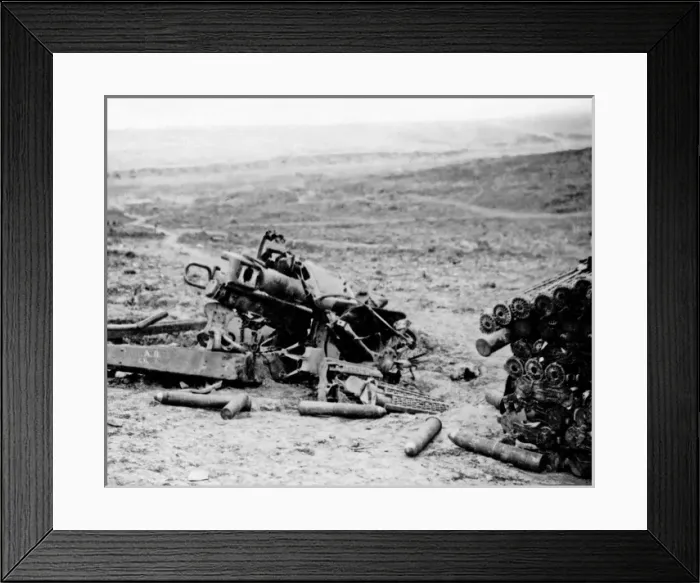 Framed Print : German gun destroyed by British firing, Western Front, WW1 Framed Print : German gun destroyed by British firing, Western Front, WW1