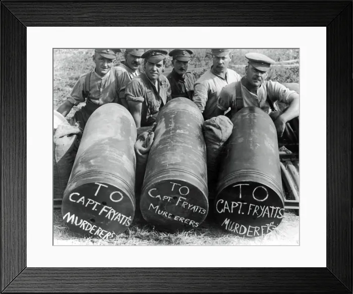 Framed Print : British soldiers with three large shells, WW1 Framed Print : British soldiers with three large shells, WW1