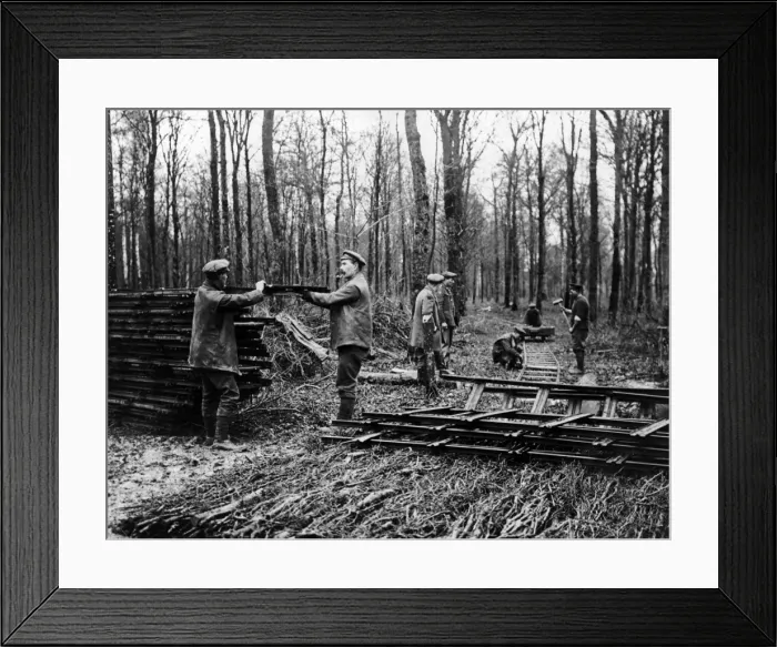 Framed Print : Men laying new light railway, Western Front, WW1 Framed Print : Men laying new light railway, Western Front, WW1