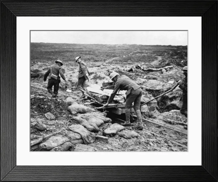 Framed Print : Medical supplies on light railway, Western Front, WW1 Framed Print : Medical supplies on light railway, Western Front, WW1
