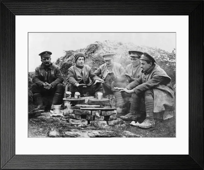 Framed Print : British soldiers keeping warm, Western Front, WW1 Framed Print : British soldiers keeping warm, Western Front, WW1