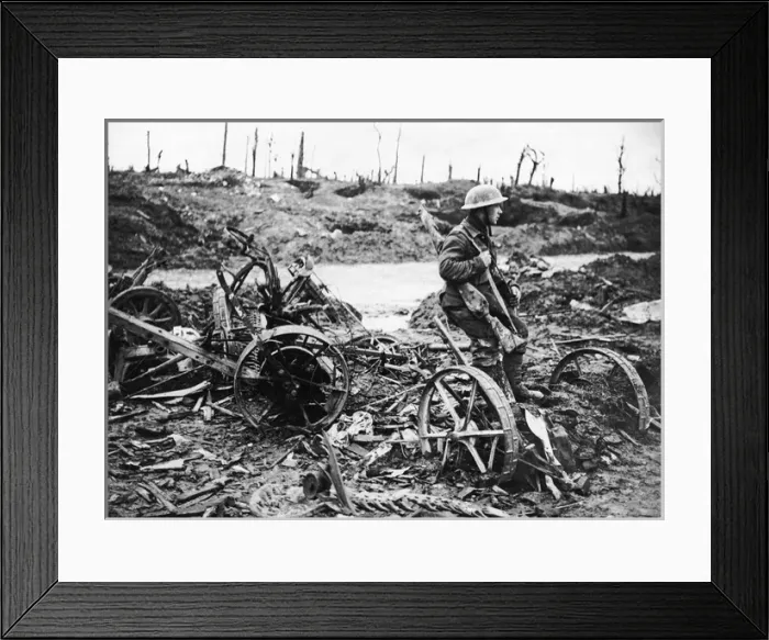 Framed Print : Soldier waiting by old farm machinery, Western Front, WW1 Framed Print : Soldier waiting by old farm machinery, Western Front, WW1