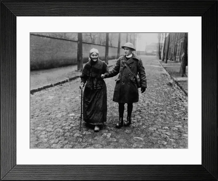Framed Print : British padre with elderly woman, Western Front, WW1 Framed Print : British padre with elderly woman, Western Front, WW1