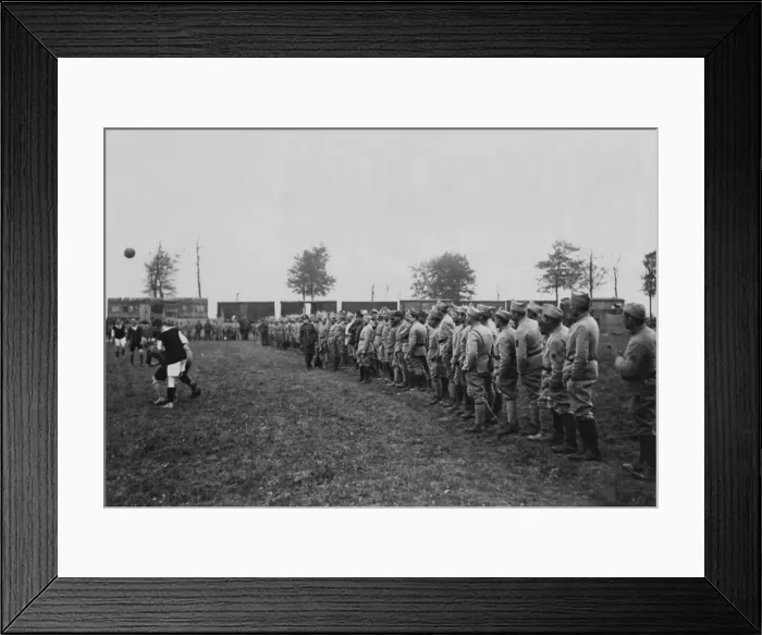 Framed Print : British and French soldiers playing football, WW1 Framed Print : British and French soldiers playing football, WW1