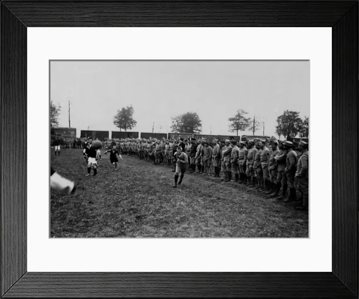 Framed Print : British and French soldiers playing football, WW1 Framed Print : British and French soldiers playing football, WW1