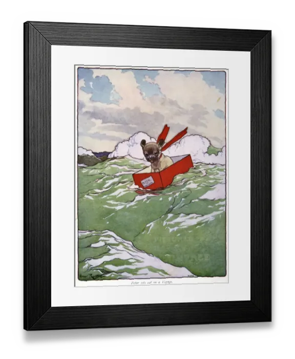 Framed Print : Pug Peter -- dog riding waves in a box Framed Print : Pug Peter -- dog riding waves in a box