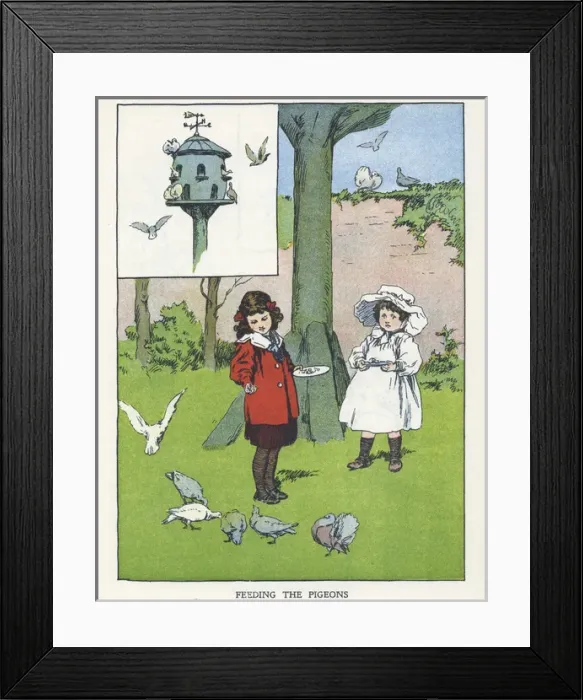 Framed Print : Out of Doors -- two children feeding pigeons Framed Print : Out of Doors -- two children feeding pigeons