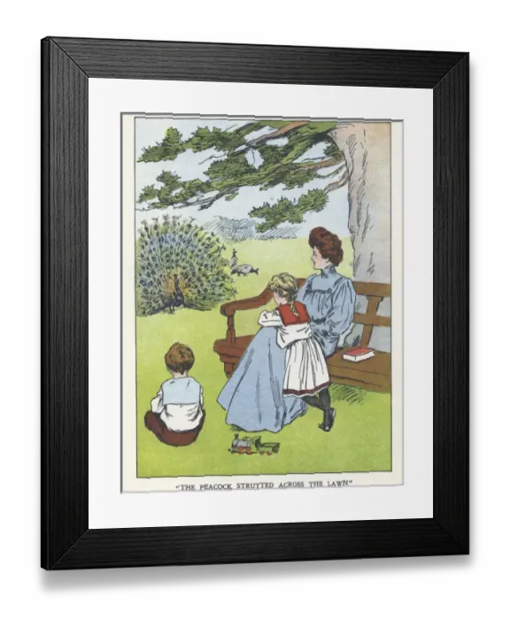 Framed Print : Out of Doors -- mother, children and peacock Framed Print : Out of Doors -- mother, children and peacock
