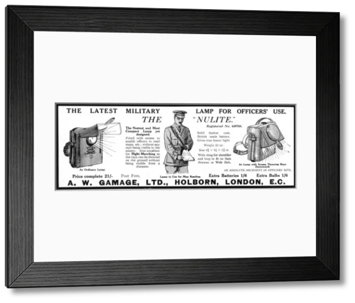 Framed Print : The latest military lamp from Gamages, World War One Framed Print : The latest military lamp from Gamages, World War One