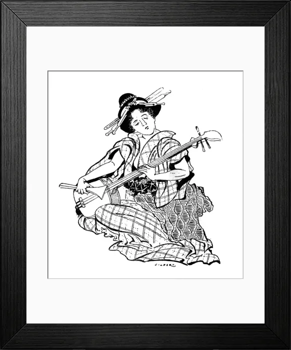 Framed Print : A lady playing a shamisen, a Japanese musical instrument Framed Print : A lady playing a shamisen, a Japanese musical instrument