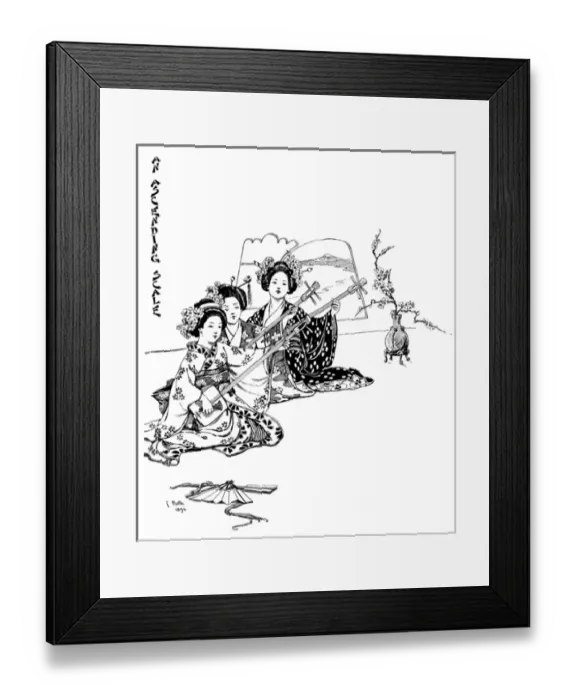 Framed Print : Three girls playing shamisens, a Japanese musical instrument Framed Print : Three girls playing shamisens, a Japanese musical instrument