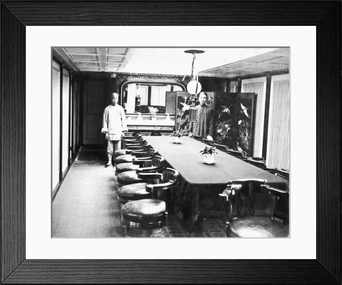 Framed Print : Dining room with two waiters, China Framed Print : Dining room with two waiters, China