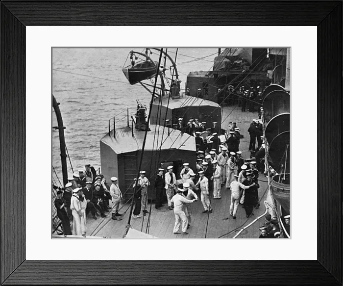 Framed Print : Sailors dancing to ships band on deck, WW1 Framed Print : Sailors dancing to ships band on deck, WW1