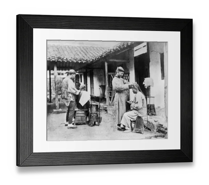 Framed Print : Street barbers at work, China Framed Print : Street barbers at work, China