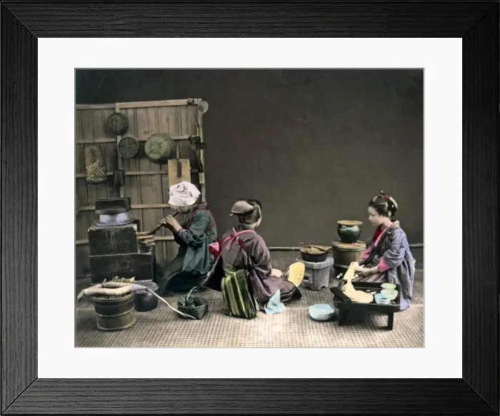 Framed Print : Three women preparing a meal, Japan Framed Print : Three women preparing a meal, Japan