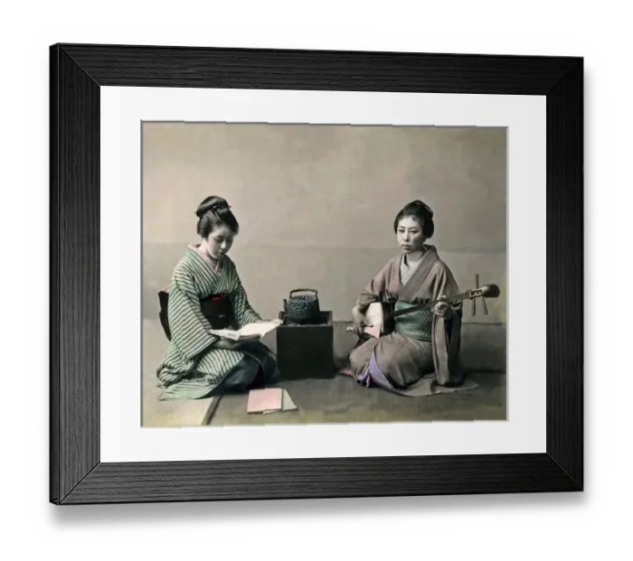 Framed Print : Two geishas, stove and shamisen, Japan Framed Print : Two geishas, stove and shamisen, Japan