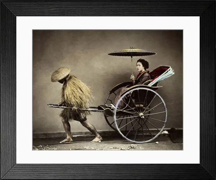 Framed Print : Young woman in rickshaw, Japan Framed Print : Young woman in rickshaw, Japan
