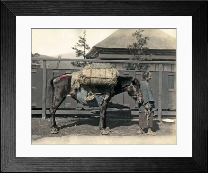 Framed Print : Man with pack horse, Japan Framed Print : Man with pack horse, Japan