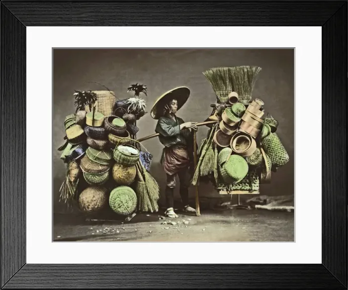 Framed Print : Broom and basket vendor, Japan Framed Print : Broom and basket vendor, Japan