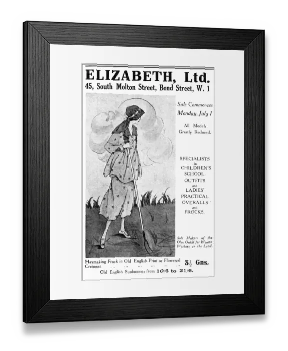 Framed Print : Elizabeth Ltd Clothing advertisement, 1918
