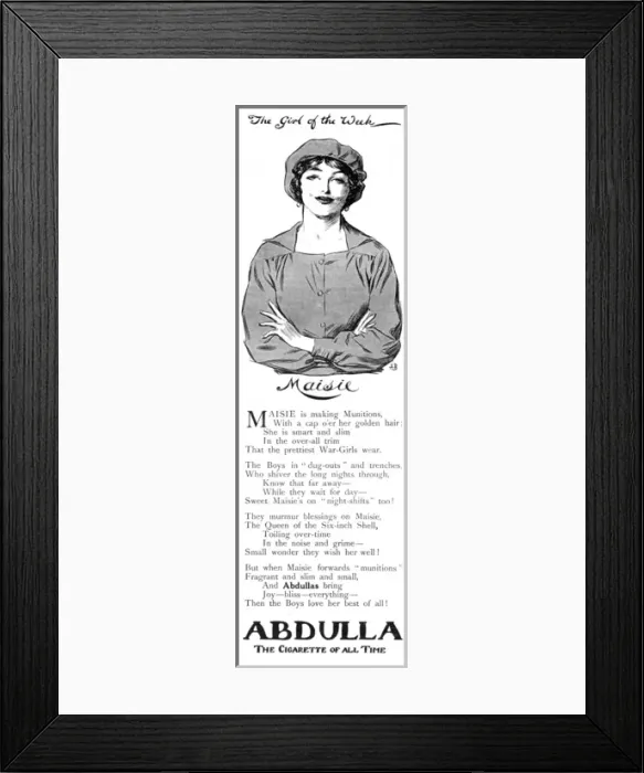 Framed Print : Abdulla Cigarette advert featuring Maisie the Munition Worke Framed Print : Abdulla Cigarette advert featuring Maisie the Munition Worke