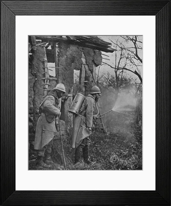 Framed Print : French soldiers spraying disinfectant, WW1 Framed Print : French soldiers spraying disinfectant, WW1