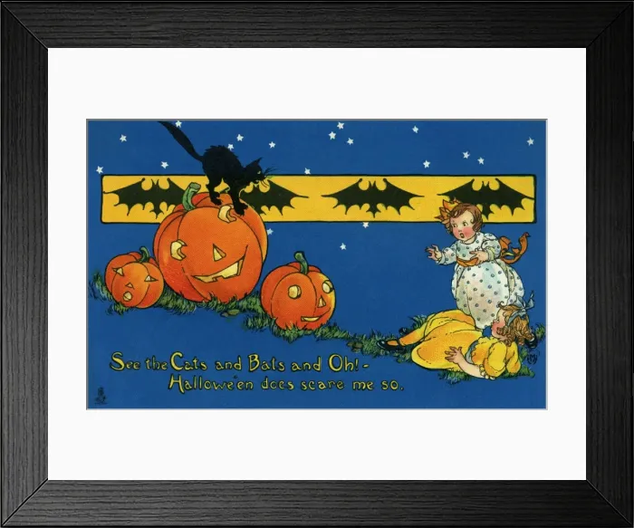 Framed Print : Halloween. Three scary Halloween masks and a black cat. Date: circa 1912 Framed Print : Halloween. Three scary Halloween masks and a black cat. Date: circa 1912