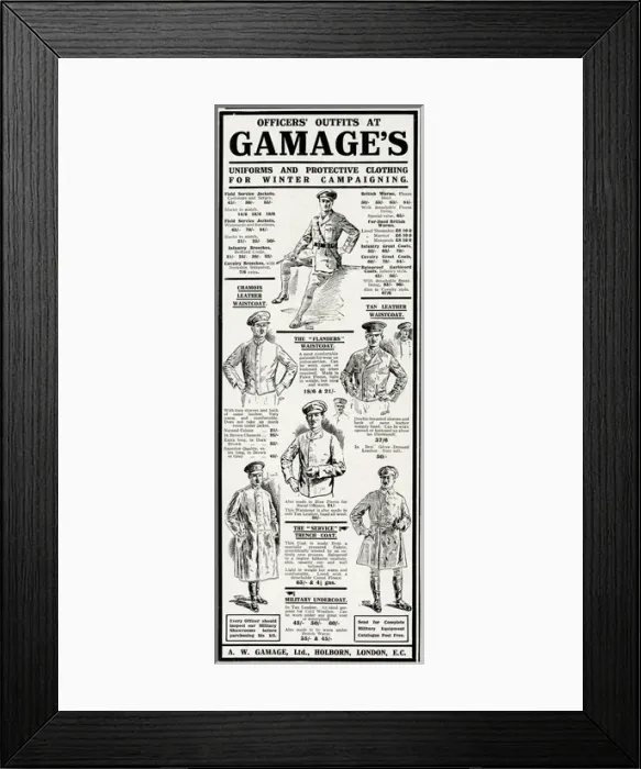 Framed Print : Advert for Gamages officers outfits 1915 Framed Print : Advert for Gamages officers outfits 1915
