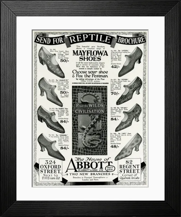 Framed Print : Advert for Mayflowa crocodile, ostrich and lizard shoes 1926 Framed Print : Advert for Mayflowa crocodile, ostrich and lizard shoes 1926