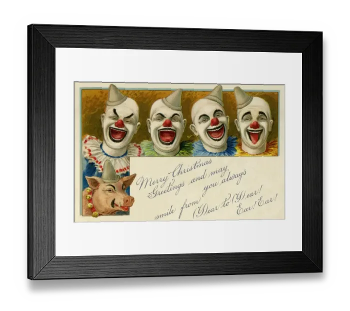 Framed Print : Clowns featured on a Christmas greeting card published by Raphael Tuck. Date: circa 1902 Framed Print : Clowns featured on a Christmas greeting card published by Raphael Tuck. Date: circa 1902
