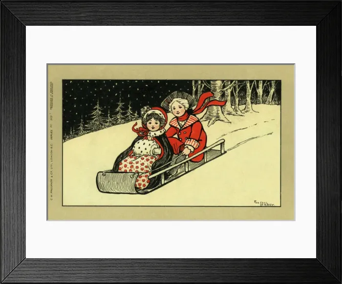 Framed Print : Tobogganning couple by Florence Hardy Framed Print : Tobogganning couple by Florence Hardy