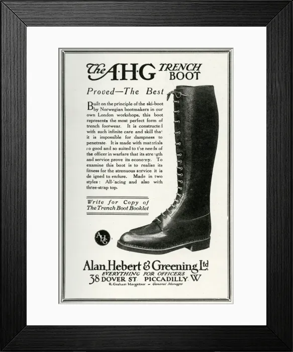 Framed Print : Advert for Alan Hebert & Greening trench boots 1916 Framed Print : Advert for Alan Hebert & Greening trench boots 1916