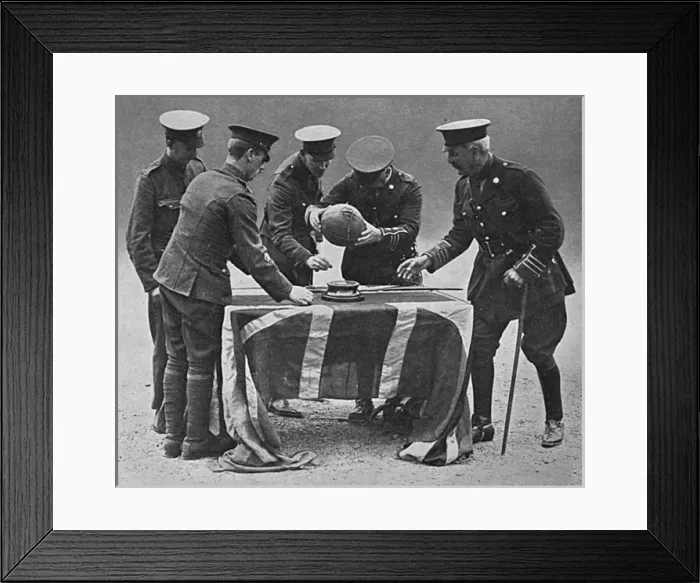 Framed Print : Football dribbled by the East Surreys to German trench, WW1 Framed Print : Football dribbled by the East Surreys to German trench, WW1