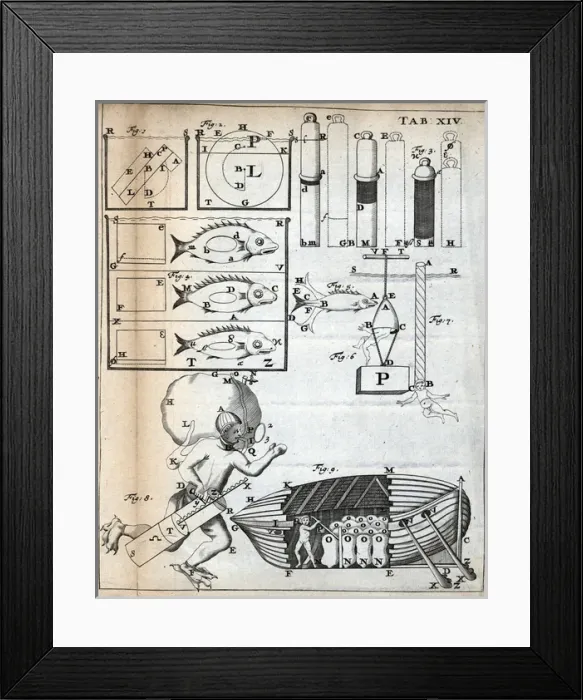 Framed Print : Fish, a boat and a human figure Framed Print : Fish, a boat and a human figure