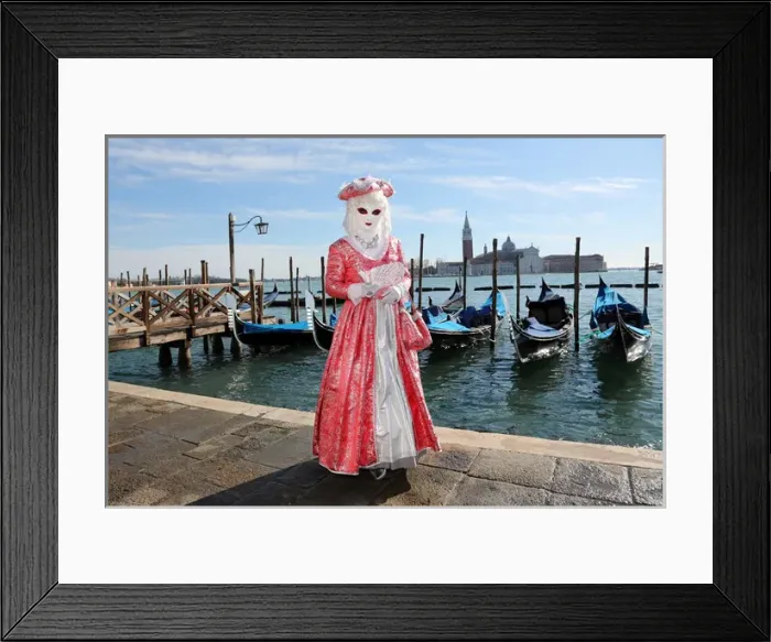 Framed Print : Woman wearing Venice Carnival Costume and Gondolas Framed Print : Woman wearing Venice Carnival Costume and Gondolas