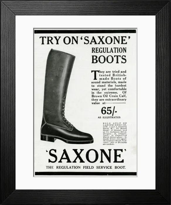 Framed Print : Advert for Saxone service boot 1916 Framed Print : Advert for Saxone service boot 1916