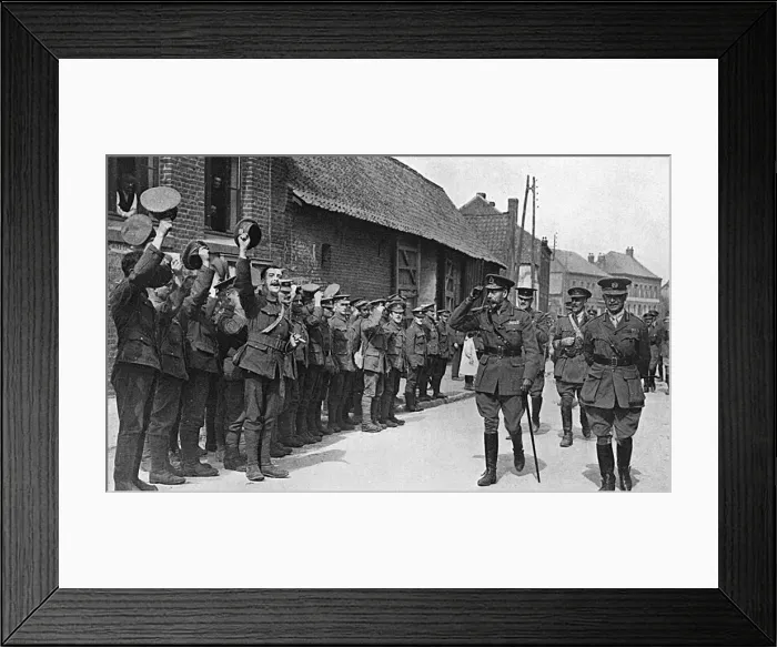 Framed Print : King George V cheered by troops in France, WW1