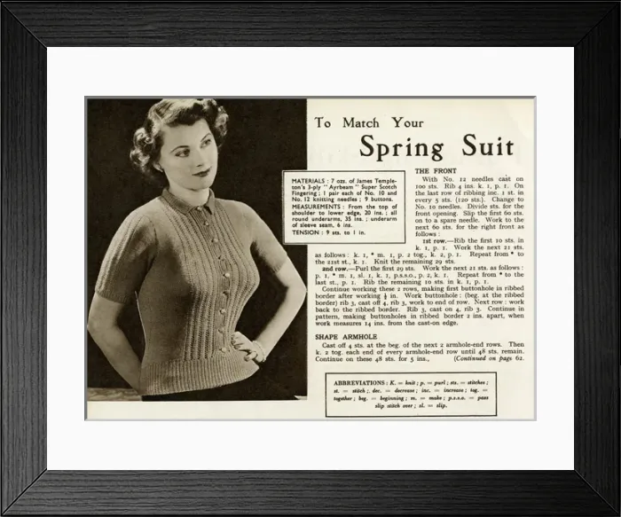 Framed Print : Knitting pattern 1949 Framed Print : Knitting pattern 1949