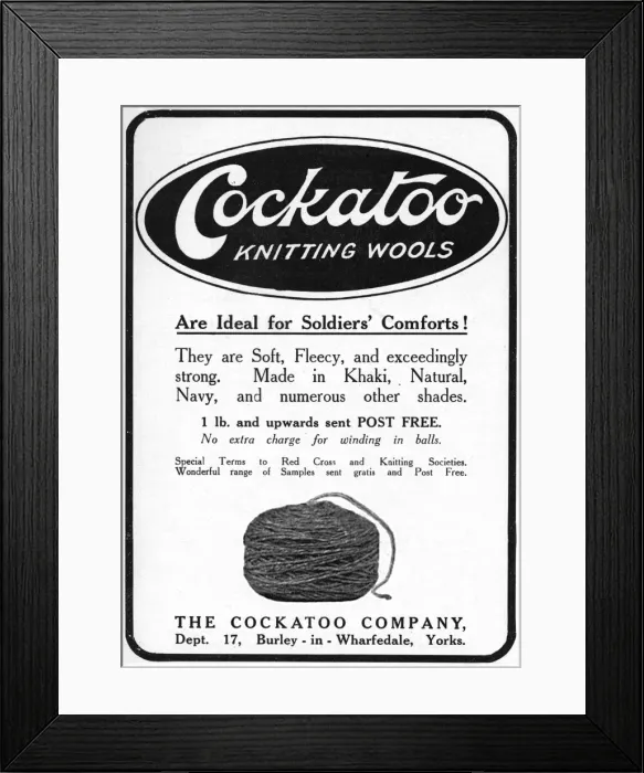 Framed Print : Cockatoo knitting wools advertisement, 1917 Framed Print : Cockatoo knitting wools advertisement, 1917
