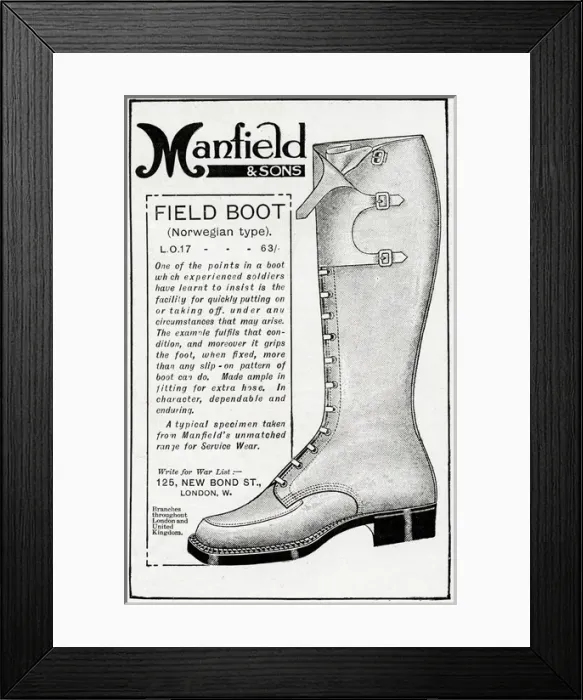 Framed Print : Advert for Manfield field boot 1916 Framed Print : Advert for Manfield field boot 1916