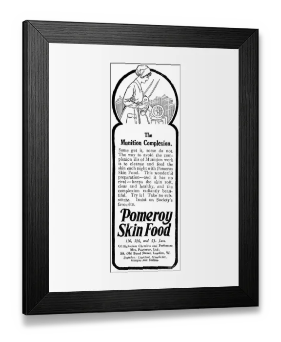 Framed Print : Pomeroy skin food advertisement, skincare for munition worke Framed Print : Pomeroy skin food advertisement, skincare for munition worke