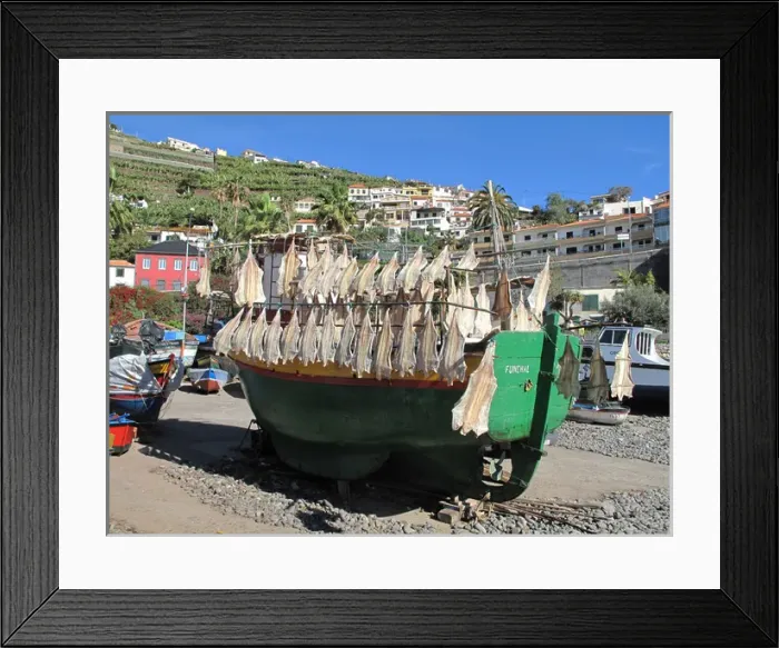 Framed Print : Madeira, Camara de Lobos - Fishing boat - drying fish Framed Print : Madeira, Camara de Lobos - Fishing boat - drying fish