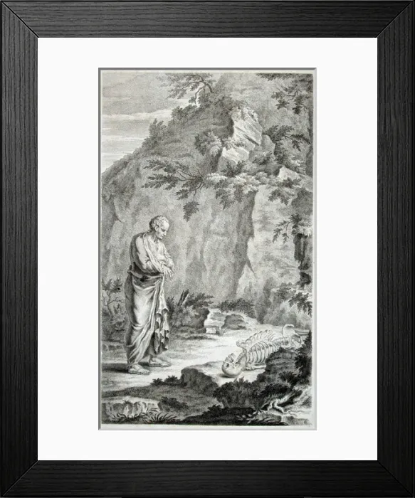 Framed Print : Man in classical dress contemplating a skeleton Framed Print : Man in classical dress contemplating a skeleton
