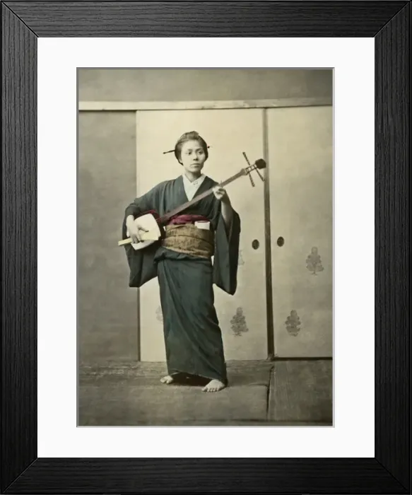 Framed Print : Geisha with Samisen, Japan Framed Print : Geisha with Samisen, Japan
