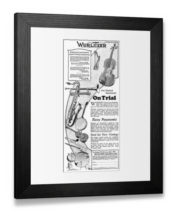 Framed Print : Advertisement for Wurlitzer musical instuments Framed Print : Advertisement for Wurlitzer musical instuments